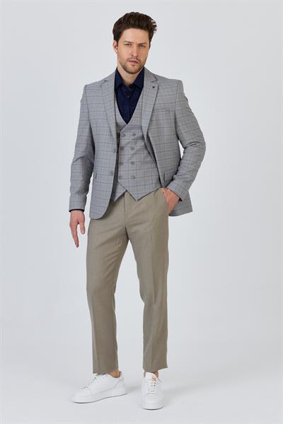 Facune Erkek Taş Ceket+Pantolon+Yelek Çift Yırtmaçlı Slim Fit Takim Elbise