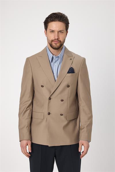 Fatuse Erkek Bej Kruvaze 6 Adet Metal Düğmeli 4 Mevsim Blazer Ceket