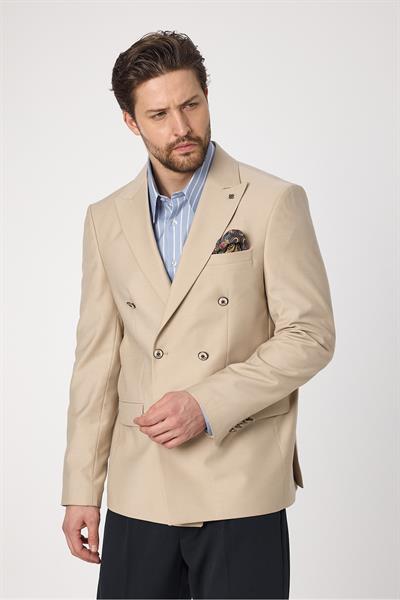 Fatuse Erkek Krem Kruvaze 6 Adet Metal Düğmeli 4 Mevsim Blazer Ceket