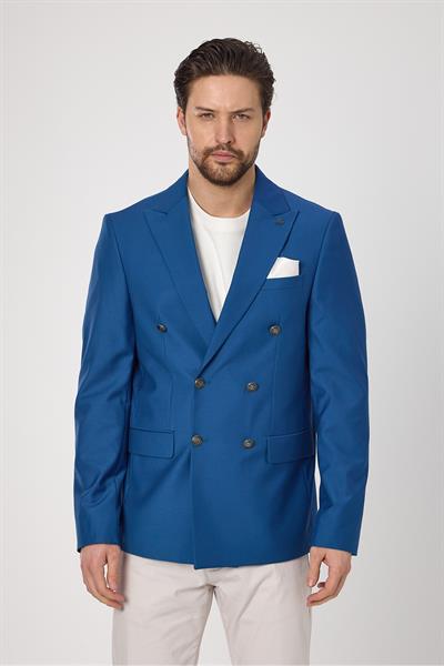 Fatuse Erkek Mavi Kruvaze 6 Adet Metal Düğmeli 4 Mevsim Blazer Ceket