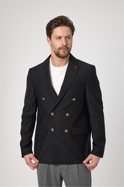 Fatuse Erkek Siyah Kruvaze 6 Adet Metal Düğmeli 4 Mevsim Blazer Ceket