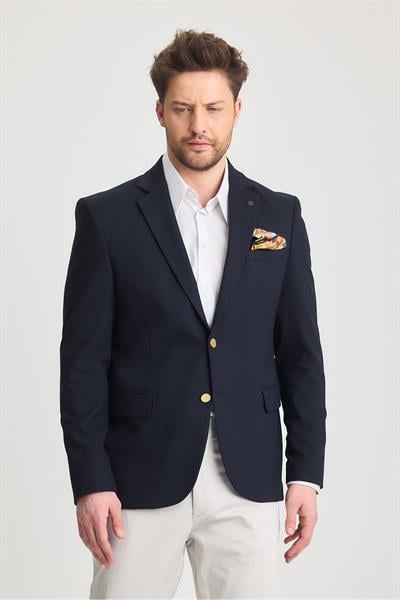 Fazino Erkek Koyu Lacivert Pamuk Karışımlı Metal Düğmeli Spor Blazer Ceket
