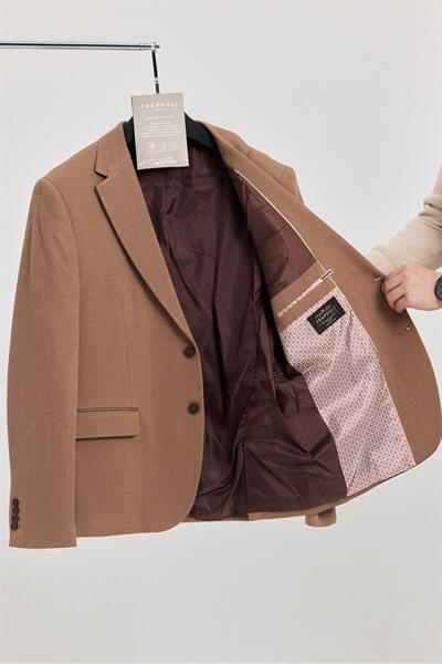 Fedeli Erkek Kahve Pamuk Karışımlı Esneyen Kumaşlı Slim Fit Spor Blazer Ceket (Büyük Beden - Battal)