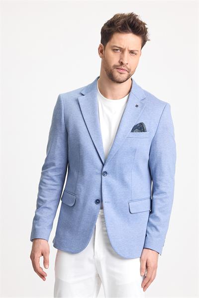 Feniks Erkek Mavi Slim Fit Mono Yaka Pamuk Karışımlı Likralı Spor Blazer Ceket