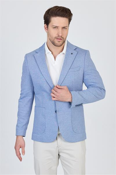 Feniks Erkek Mavi Yarım Astar Torba Cepli Pamuk Karışımlı Likralı SlimFit Spor Blazer Ceket