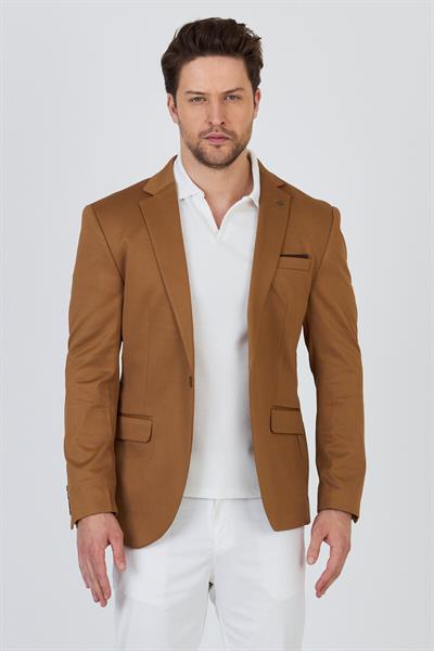 Ferico Erkek Hardal Poliviskon Kumaş Slim Fit Blazer Ceket
