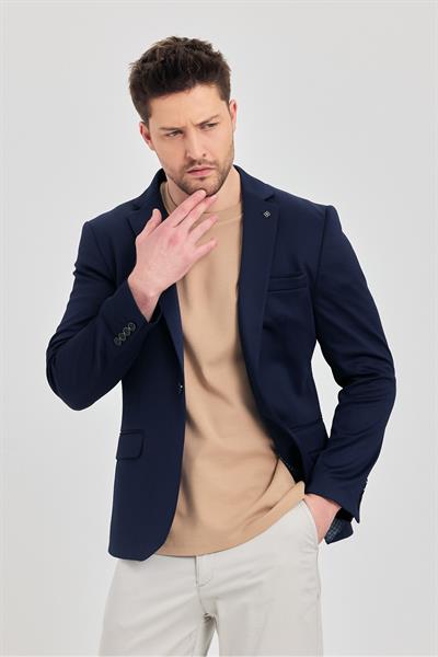 Ferico Erkek Koyu Lacivert Poliviskon Kumaş Slim Fit Blazer Ceket