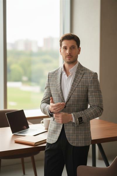 Ferruci Erkek Gri Ekose Slim Fit Dar Kesim Mono Yaka Blazer Ceket