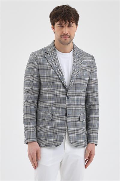Ferruci Erkek Siyah - Mavi Ekose Slim Fit Dar Kesim Mono Yaka Spor Blazer Ceket