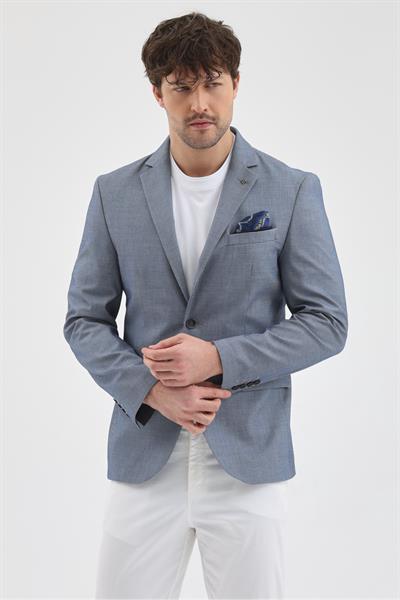 Fetso Erkek Açık Lacivert Poliviskon Kumaşlı Mono Yaka Slim Fit Spor Blazer Ceket