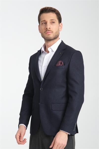 Fevual Erkek Koyu Lacivert Mono Yaka Diagonel Desenli Slim Fit Blazer Spor Ceket