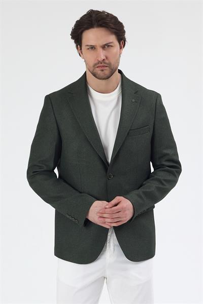 Fevual Erkek Yeşil Mono Yaka Diagonel Desenli Slim Fit Blazer Spor Ceket