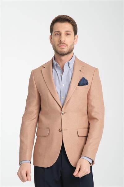 Fevuall Erkek Bej Diagonel Desenli Battal Büyük Beden Mono Yaka Dar Kesim Blazer Spor Ceket