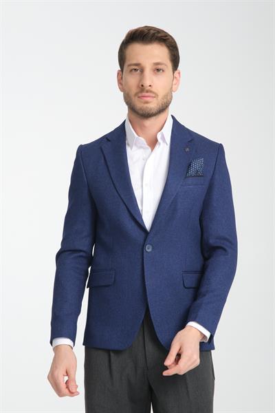 Fevuall Erkek Saks Mavi Diagonel Desenli Battal Büyük Beden Mono Yaka Dar Kesim Blazer Spor Ceket