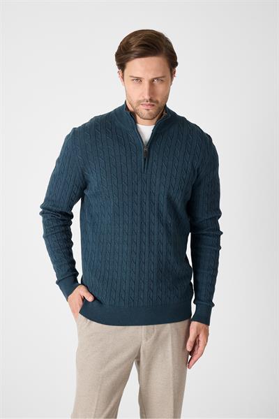 Focus Erkek Koyu Yeşil Saç Örgü Yarım Fermuarlı Pamuk Karışımlı Kazak