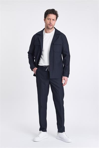 Forex Erkek Lacivert Likralı Yün Karışımlı Kumaşlı 2li Overshirt Ceket+Jogger Lastikli Pantolon