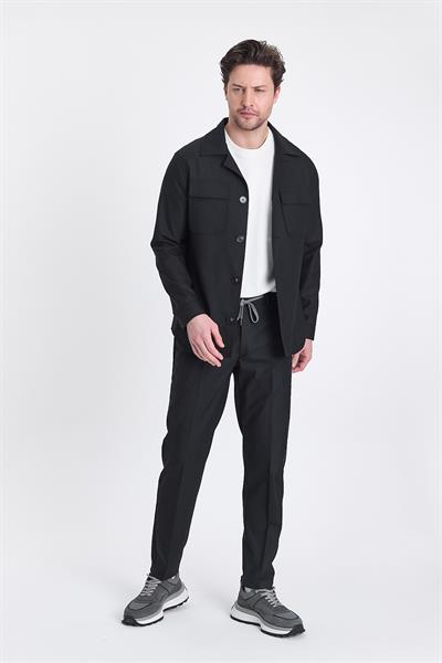 Forex Erkek Siyah Likralı Yün Karışımlı Kumaşlı 2li Overshirt Ceket+Jogger Lastikli Pantolon