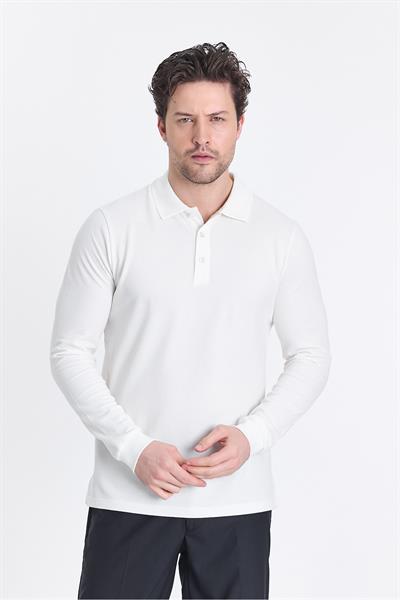 Frank Erkek Beyaz %100 Pamuk Pike Örme Esneyen Kumaş Slim Fit Dar Kesim Uzun Kol Polo Tişört