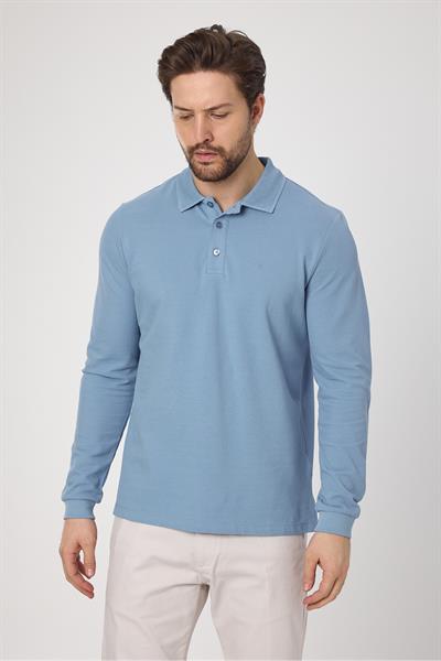 Frank Erkek Mavi %100 Pamuk Pike Örme Esneyen Kumaş Slim Fit Dar Kesim Uzun Kol Polo Tişört