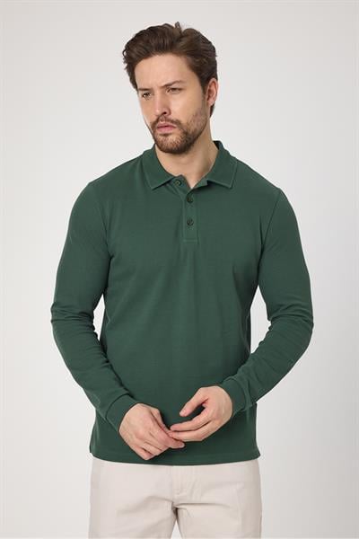 Frank Erkek Yeşil %100 Pamuk Pike Örme Esneyen Kumaş Slim Fit Dar Kesim Uzun Kol Polo Tişört