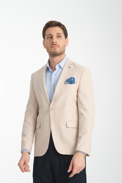 Galdino Erkek Bej Kendinden Desenli Slim Fit Mono Yaka Spor Blazer Ceket
