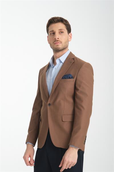 Galdino Erkek Kahverengi Kendinden Desenli Slim Fit Mono Yaka Spor Blazer Ceket