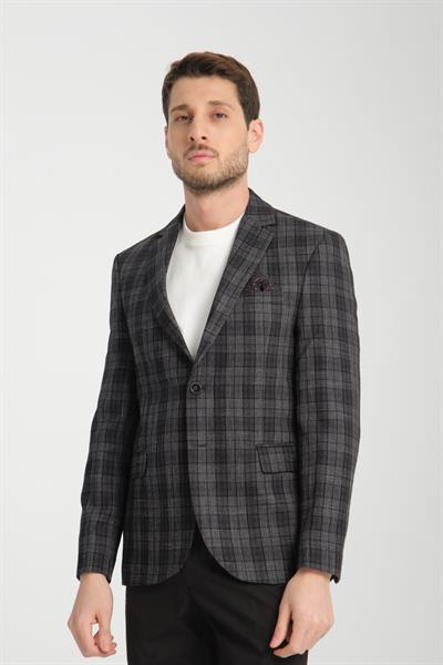 Galileo Erkek Antrasit Kareli Ekoseli Mono Yaka Esnemeyen Kumaş Kalın Kumaş Slim Fit Blazer Ceket