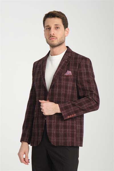 Galileo Erkek Bordo Kareli Ekoseli Mono Yaka Esnemeyen Kumaş Kalın Kumaş Slim Fit Blazer Ceket