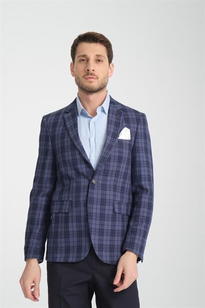 Galileo Erkek İndigo Kareli Ekoseli Mono Yaka Esnemeyen Kumaş Kalın Kumaş Slim Fit Blazer Ceket