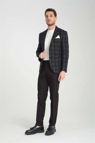 Galileo Erkek Siyah Kareli Ekoseli Mono Yaka Esnemeyen Kumaş Kalın Kumaş Slim Fit Blazer Ceket
