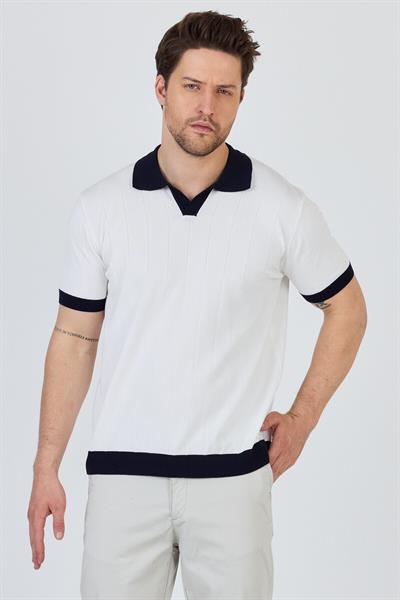 GARCİA Erkek Beyaz-Lacivert Pamuk Karışımlı Apaç Yaka Slim Fit Polo Yaka Triko T-Shirt