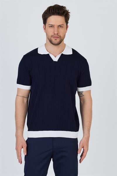 GARCİA Erkek Lacivert-Beyaz Pamuk Karışımlı Apaç Yaka Slim Fit Polo Yaka Triko T-Shirt