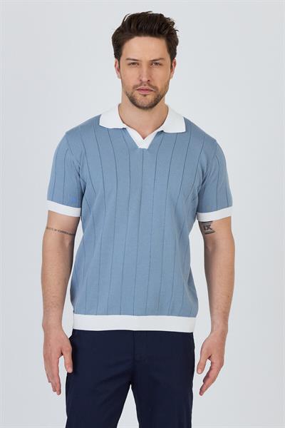 GARCİA Erkek Mavi-Beyaz Pamuk Karışımlı Apaç Yaka Slim Fit Polo Yaka Triko T-Shirt