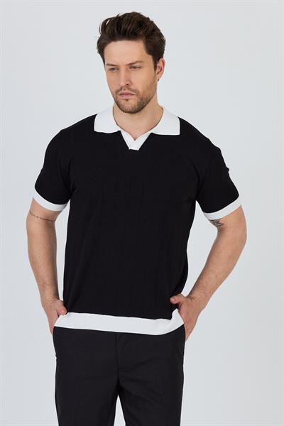 GARCİA Erkek Siyah-Beyaz Pamuk Karışımlı Apaç Yaka Slim Fit Polo Yaka Triko T-Shirt