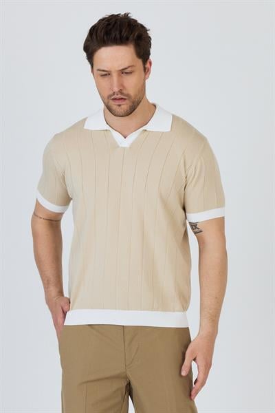 GARCİA Erkek Taş-Beyaz Pamuk Karışımlı Apaç Yaka Slim Fit Polo Yaka Triko T-Shirt