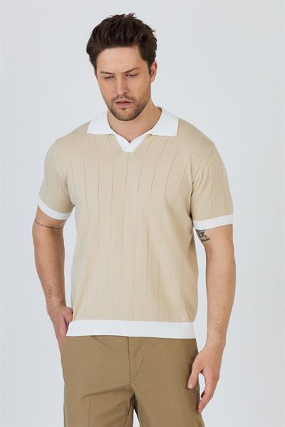 GARCİA Erkek Taş-Beyaz Pamuk Karışımlı Apaç Yaka Slim Fit Polo Yaka Triko T-Shirt
