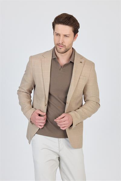 Gerardo Erkek Camel Ekose Dokulu Poliviskon Kumaş Dar Kesim Slim Fit Spor Blazer Ceket