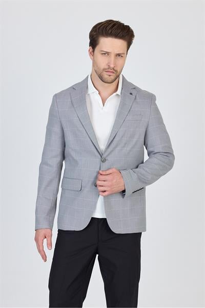 Gerardo Erkek Gri Ekose Dokulu Poliviskon Kumaş Dar Kesim Slim Fit Spor Blazer Ceket