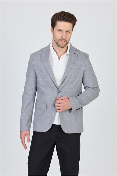 Gerardo Erkek Gri Ekose Dokulu Poliviskon Kumaş Dar Kesim Slim Fit Spor Blazer Ceket