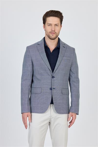 Gerardo Erkek Navy Ekose Dokulu Poliviskon Kumaş Dar Kesim Slim Fit Spor Blazer Ceket