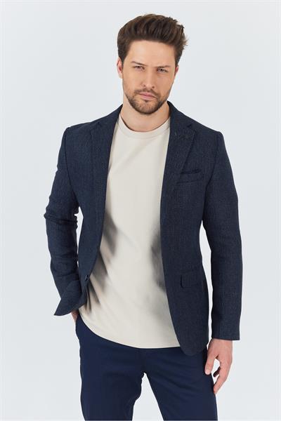 Ginoto Erkek Açık Lacivert Esnek Kumaşlı Slim Fit Mono Yaka Spor Blazer Ceket