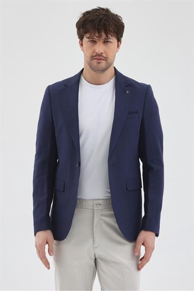 Giove Dirsekli Erkek Lacivert Pamuklu Keten Karışımlı Slim Fit İlkbahar-Yazlık Spor Blazer Ceket