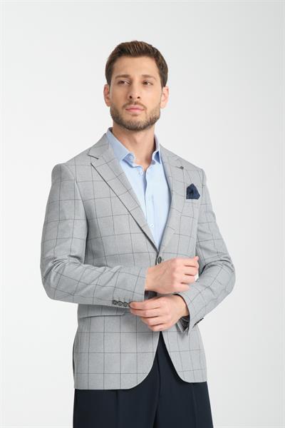 Girado Erkek Açık Gri Ekose Slim Fit Mono Yaka Spor Blazer Ceket