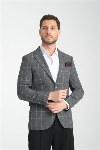 Girado Erkek Gri Ekose Slim Fit Mono Yaka Spor Blazer Ceket