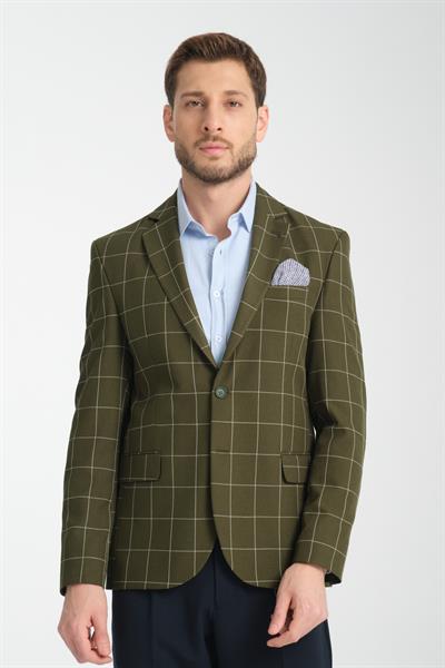 Girado Erkek Haki Ekose Slim Fit Mono Yaka Spor Blazer Ceket