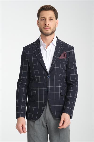 Girado Erkek Koyu Lacivert Ekose Slim Fit Mono Yaka Spor Blazer Ceket