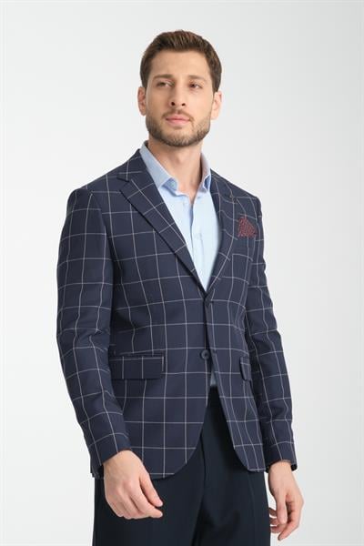 Girado Erkek Lacivert Ekose Slim Fit Mono Yaka Spor Blazer Ceket