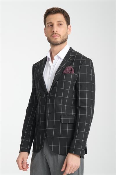 Girado Erkek Siyah Ekose Slim Fit Mono Yaka Spor Blazer Ceket