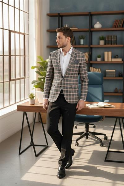 Giraldo Erkek Siyah - Hardal Ekose Slim Fit Mono Yaka Spor Blazer Ceket