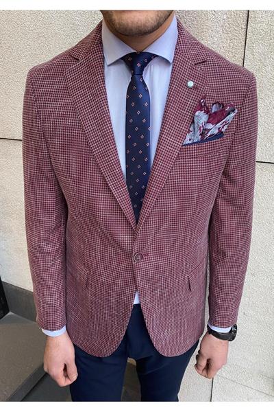 Gomez Erkek Bordo Armürlü Poliviskon Kumaşlı Slim Fit Spor Blazer Ceket